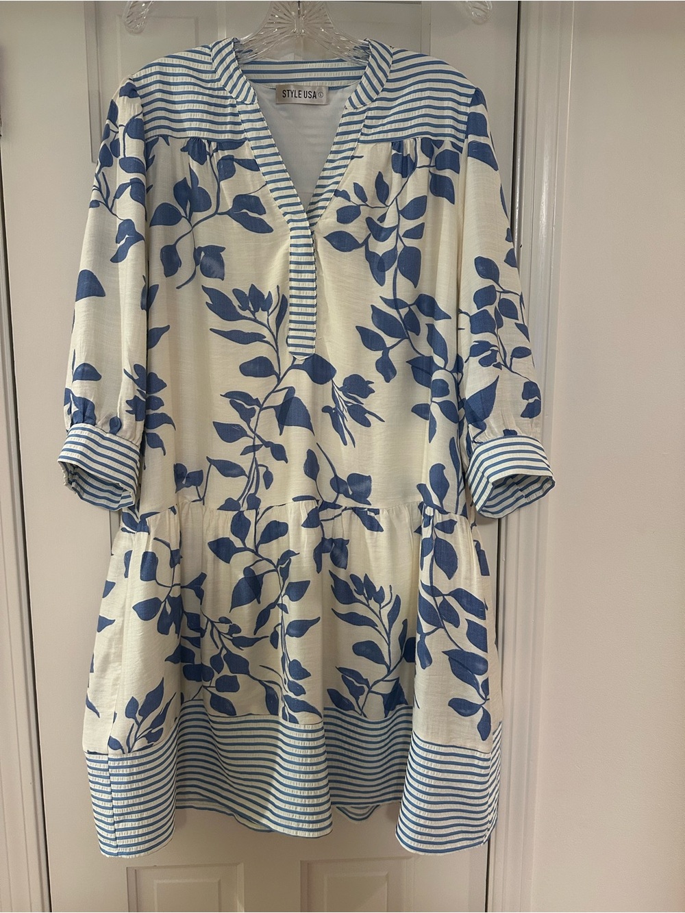 Blue and Cream Floral V-Neck Midi Dress